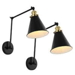 Black Swing Arm Adjustable Wall Lamps Hardwired Light Fixture Up Down Metal Shade (Set Of 2)