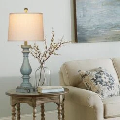 28.5 In. Blue Resin Lamp Body Non-Integrated LED Table Lamps For Living Room Bedroom With White Linen Shade And USB Port -Lamp Parts blue cinkeda table lamps td 278 31 1000