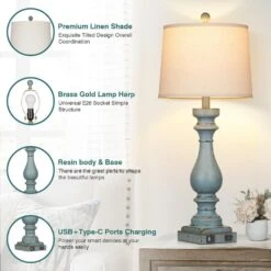 28.5 In. Blue Resin Lamp Body Non-Integrated LED Table Lamps For Living Room Bedroom With White Linen Shade And USB Port -Lamp Parts blue cinkeda table lamps td 278 44 1000