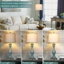 28.5 In. Blue Resin Lamp Body Non-Integrated LED Table Lamps For Living Room Bedroom With White Linen Shade And USB Port -Lamp Parts blue cinkeda table lamps td 278 4f 1000