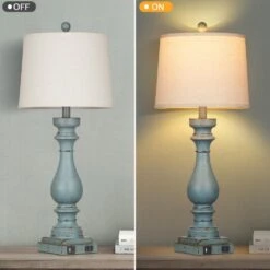 28.5 In. Blue Resin Lamp Body Non-Integrated LED Table Lamps For Living Room Bedroom With White Linen Shade And USB Port -Lamp Parts blue cinkeda table lamps td 278 77 1000