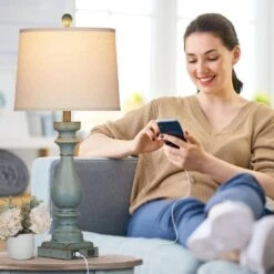 28.5 In. Blue Resin Lamp Body Non-Integrated LED Table Lamps For Living Room Bedroom With White Linen Shade And USB Port -Lamp Parts blue cinkeda table lamps td 278 c3 1000