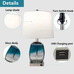 20.5 In. Clear Coastal Dimmable Glass Bedroom Living Room Bedside Desk Nightstand Table Lamps USB Port (Set Of 2) -Lamp Parts blue clear maxax table lamps t16 76 1000
