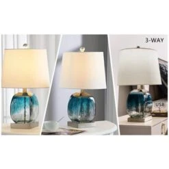 20.5 In. Clear Coastal Dimmable Glass Bedroom Living Room Bedside Desk Nightstand Table Lamps USB Port (Set Of 2) -Lamp Parts blue clear maxax table lamps t16 fa 1000