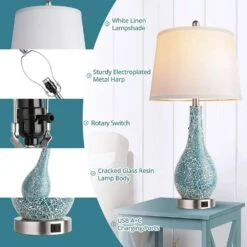 Modern 26 In. H Blue Table Lamps With White Shade, Bedside Lamps With USB A+C Ports For Living Room Decor (2-Pack) -Lamp Parts blue jushua desk lamps ct zy p263973 66 1000