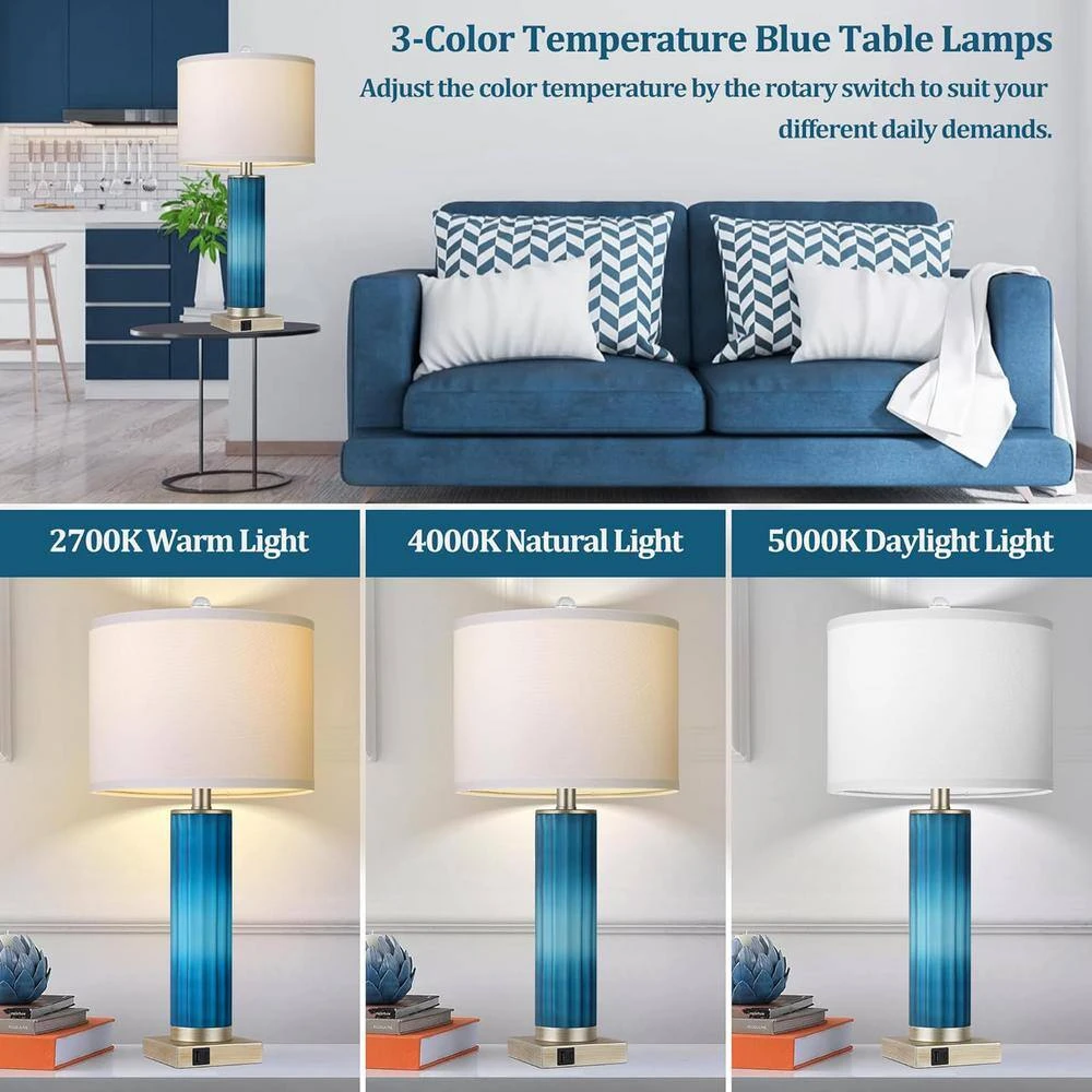 26.5 In. Table Lamps Set Of 2 For Living Room, Blue Glass Bedroom Lamp For Bedside With USB C+A Charging Ports 7 26.5 In. Table Lamps Set Of 2 For Living Room, Blue Glass Bedroom Lamp For Bedside With USB C+A Charging Ports - Image 5