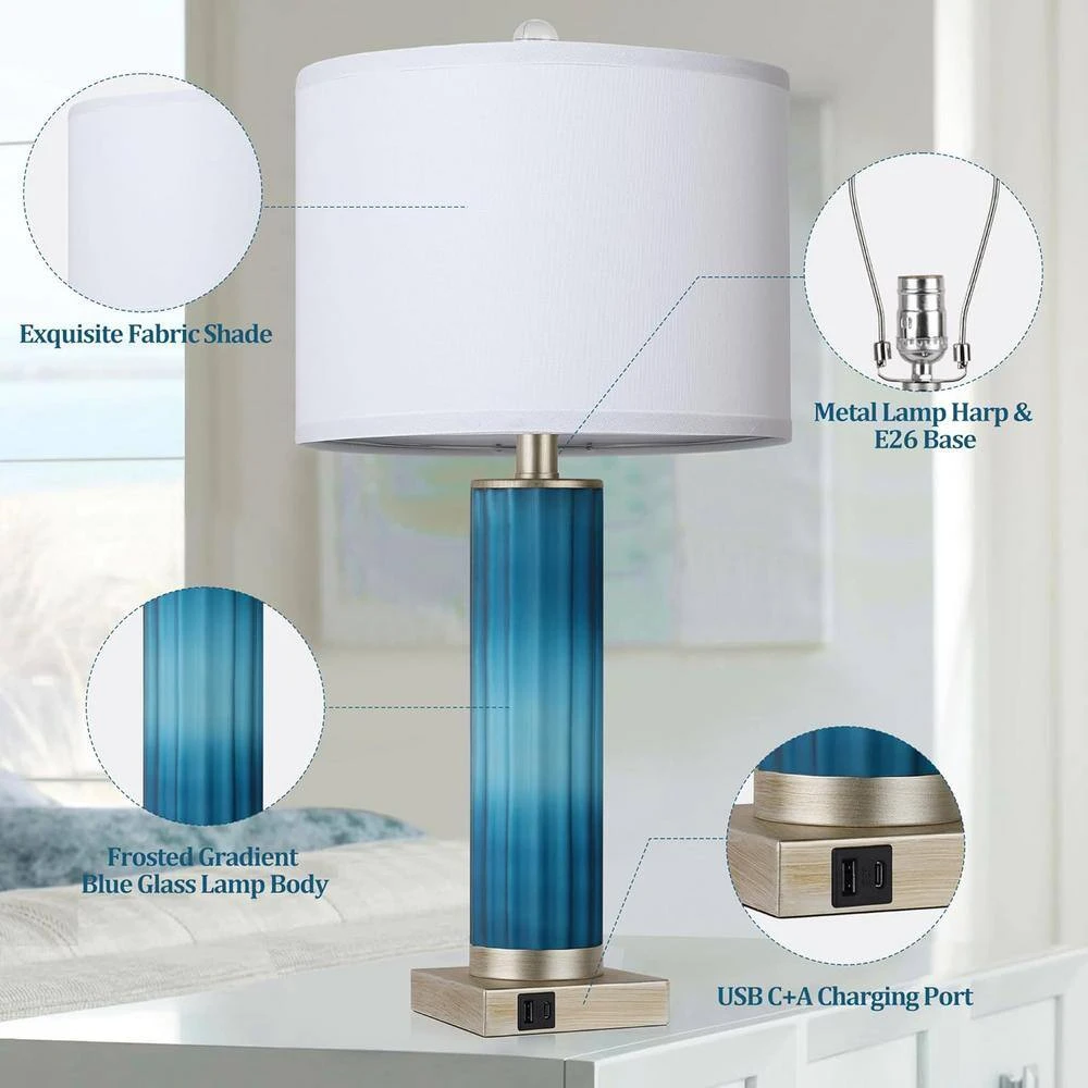 26.5 In. Table Lamps Set Of 2 For Living Room, Blue Glass Bedroom Lamp For Bedside With USB C+A Charging Ports 5 26.5 In. Table Lamps Set Of 2 For Living Room, Blue Glass Bedroom Lamp For Bedside With USB C+A Charging Ports - Image 3