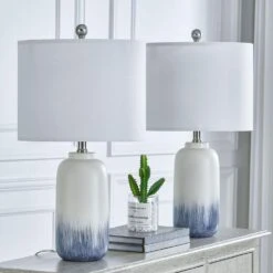 23.5 In. Blue Coastal Dimmable Ceramic Bedroom Living Room Bedside Desk Nightstand Table Lamps (Set Of 2) -Lamp Parts blue maxax table lamps t198 bu 40 1000