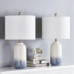 23.5 In. Blue Coastal Dimmable Ceramic Bedroom Living Room Bedside Desk Nightstand Table Lamps (Set Of 2)