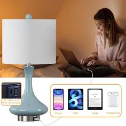 Sacramento 23 In. Blue Modern Dimmable Ceramic Bedroom Living Room Bedside Desk Nightstand Table Lamps Usb Port -Lamp Parts blue maxax table lamps t252 bu s 1d 1000