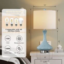 Sacramento 23 In. Blue Modern Dimmable Ceramic Bedroom Living Room Bedside Desk Nightstand Table Lamps Usb Port -Lamp Parts blue maxax table lamps t252 bu s a0 1000