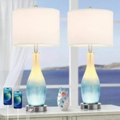 (Set Of 2) 26 In. Tall Glass Table Lamps With 2 USB Charging Ports And LED Nightlight, Blue