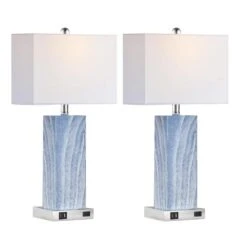 25 In. Blue Touch Control Table Lamps (Set Of 2), Bedside Lamp/2-USB Ports 1-AC Outlet, 3-Way Dimmable Nightstand Lamp