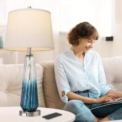 27.5" Modern Tall Table Lamps Bule Glass Bedside Lamps With 2 USB Ports White Fabric Shade For Living Room Bedroom Decor -Lamp Parts blue rottogoon table lamps qmlp047bl2 31 1000