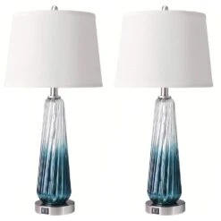 27.5" Modern Tall Table Lamps Bule Glass Bedside Lamps With 2 USB Ports White Fabric Shade For Living Room Bedroom Decor -Lamp Parts blue rottogoon table lamps qmlp047bl2 c3 1000