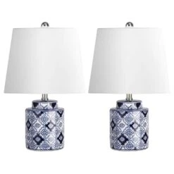18.9 In. Blue Ceramic Table Lamps Set Of 2, Porcelain Style Ginger Jar Lamps W/9W LED Bulb For Living Room Bedroom Study