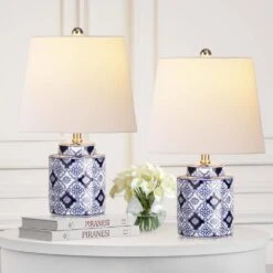 18.9 In. Blue Ceramic Table Lamps Set Of 2, Porcelain Style Ginger Jar Lamps W/9W LED Bulb For Living Room Bedroom Study -Lamp Parts blue rottogoon table lamps wylp458ad2 66 1000