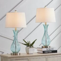 25.5 In. Blue Coastal Glass Bedroom Living Room Bedside Desk Nightstand Table Lamps (Set Of 2) -Lamp Parts blue silver maxax table lamps t78 bu e1 1000