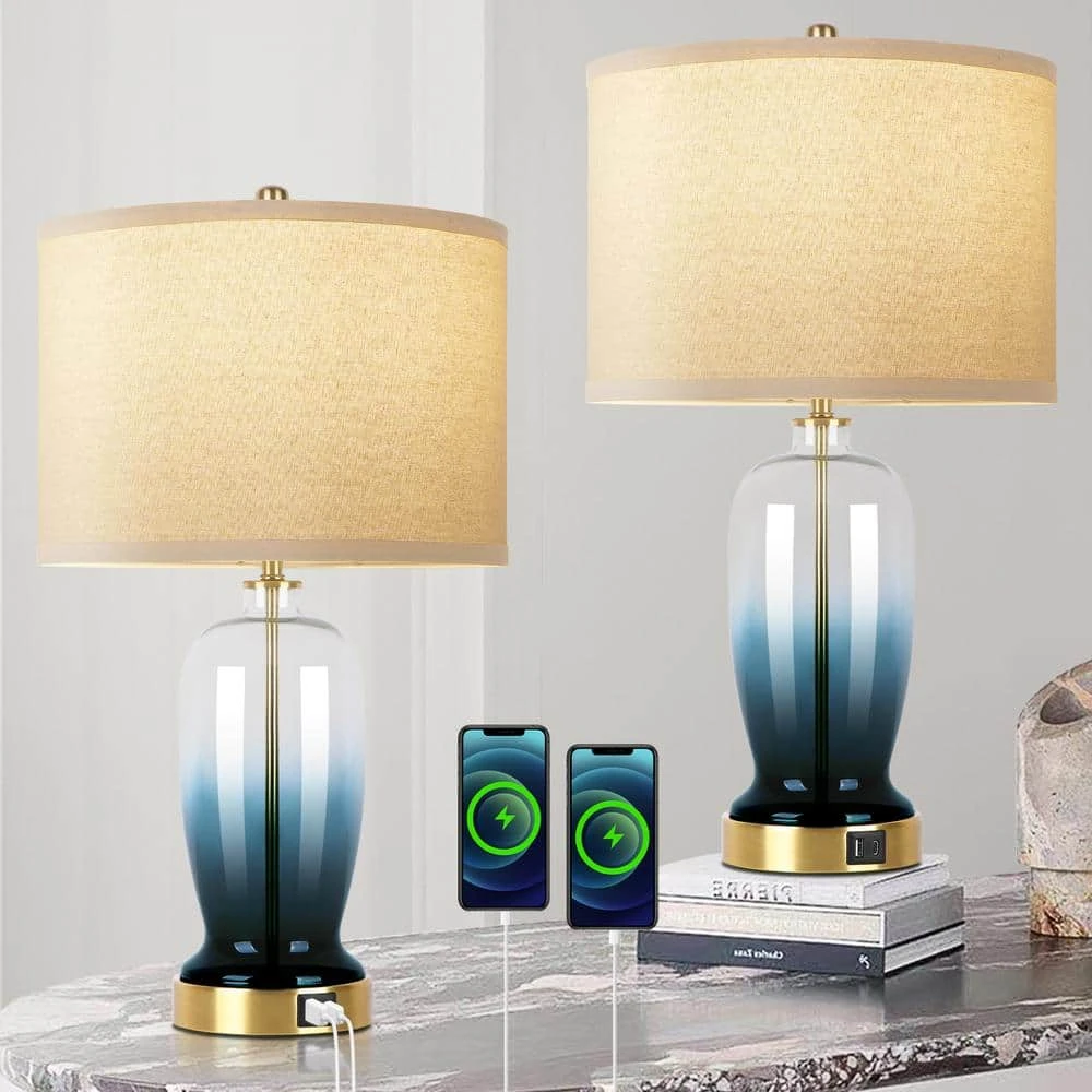 23 In.Modern Blue Glass Touch Table Lamps Set Of 2 With USB Port, 3 Way Dimmable Nightstand Lamps(2 Bulbs Include) 4 23 In.Modern Blue Glass Touch Table Lamps Set Of 2 With USB Port, 3 Way Dimmable Nightstand Lamps(2 Bulbs Include) - Image 2