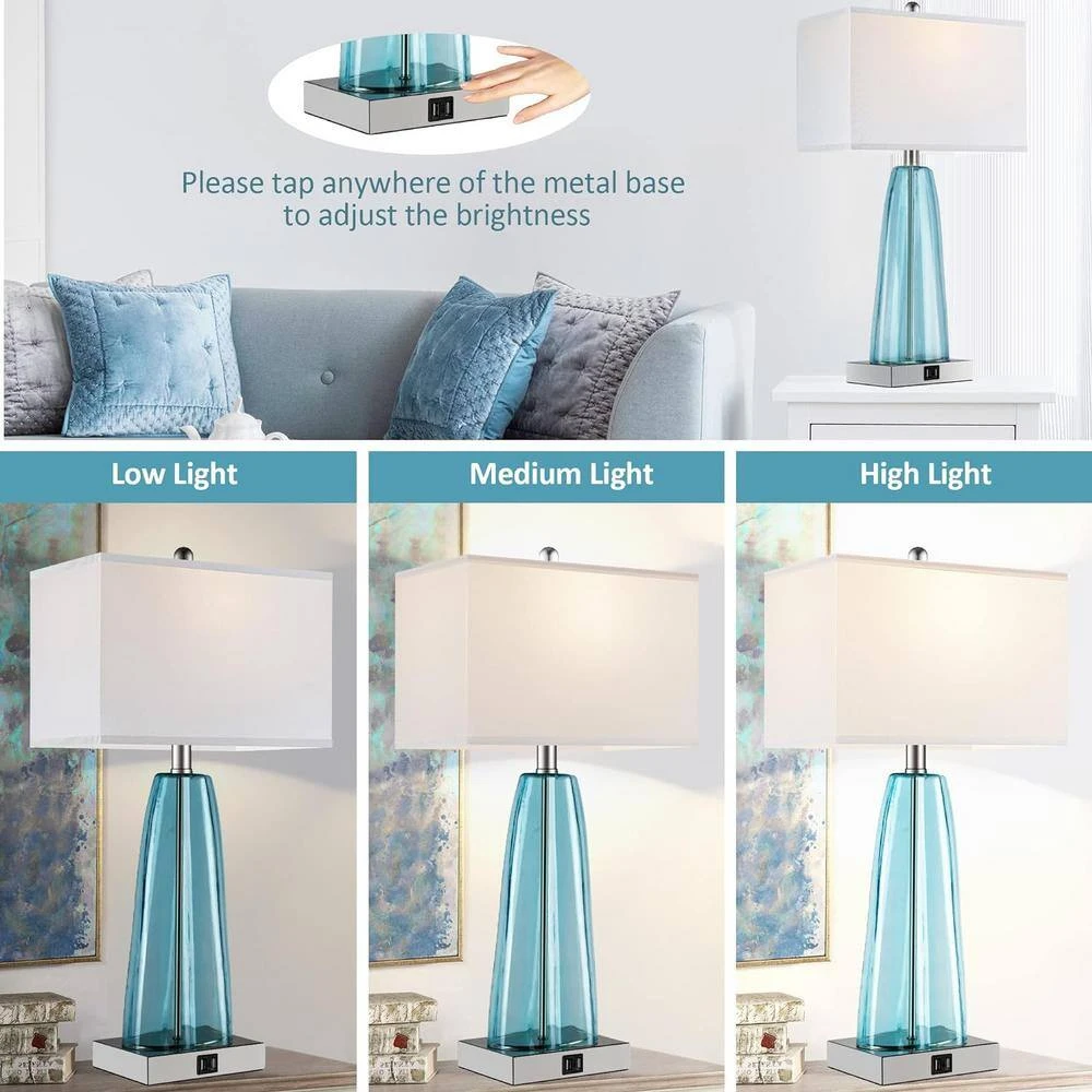 2-Pack 25 In. H Blue Green Glass Table Lamp With 2 USB Ports And Touch Control Nightstand Lamps(LED Bulbs Included) 7 2-Pack 25 In. H Blue Green Glass Table Lamp With 2 USB Ports And Touch Control Nightstand Lamps(LED Bulbs Included) - Image 5