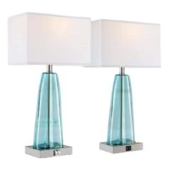2-Pack 25 In. H Blue Green Glass Table Lamp With 2 USB Ports And Touch Control Nightstand Lamps(LED Bulbs Included)