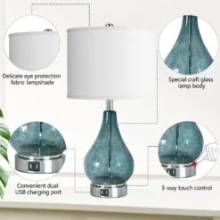 22.5 In. H Blue 3 Way Dimmable Modern Glass Table Lamp With White Fabric Shade And Touch Control Bedside Lamps(Set Of 2) -Lamp Parts blue table lamps tzt3146 p219 1f 1000