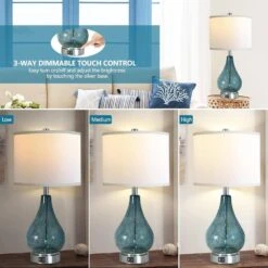 22.5 In. H Blue 3 Way Dimmable Modern Glass Table Lamp With White Fabric Shade And Touch Control Bedside Lamps(Set Of 2) -Lamp Parts blue table lamps tzt3146 p219 44 1000