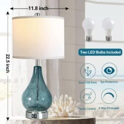 22.5 In. H Blue 3 Way Dimmable Modern Glass Table Lamp With White Fabric Shade And Touch Control Bedside Lamps(Set Of 2) -Lamp Parts blue table lamps tzt3146 p219 c3 1000