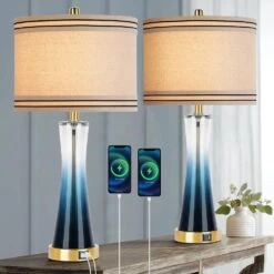 27.4in.Blue Glass Table Lamps Set (Set Of 2) With USB Ports 3-Way Dimmable Touch Control Nightstand Lamp -Lamp Parts blue table lamps xmybltdjbl 44 1000