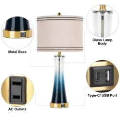 27.4in.Blue Glass Table Lamps Set (Set Of 2) With USB Ports 3-Way Dimmable Touch Control Nightstand Lamp -Lamp Parts blue table lamps xmybltdjbl 4f 1000