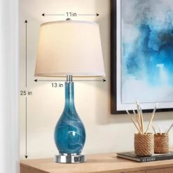 25 In. Modern Blue Glass Table Lamps, Dimmable Nightstand Lamps With USB Ports, Bulbs Included, Task & Reading (2-Pack) -Lamp Parts blue white jushua desk lamps ct zy p272394 c3 1000