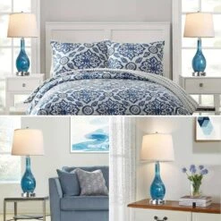 25 In. Modern Blue Glass Table Lamps, Dimmable Nightstand Lamps With USB Ports, Bulbs Included, Task & Reading (2-Pack) -Lamp Parts blue white jushua desk lamps ct zy p272394 d4 1000