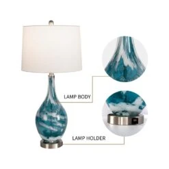Denver 28 In. Blue Coastal Dimmable Glass Bedroom Living Room Bedside DeskTable Lamps USB Port Set Of 2 -Lamp Parts blue white maxax table lamps t19 bu 1f 1000