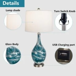 Denver 28 In. Blue Coastal Dimmable Glass Bedroom Living Room Bedside DeskTable Lamps USB Port Set Of 2 -Lamp Parts blue white maxax table lamps t19 bu 44 1000