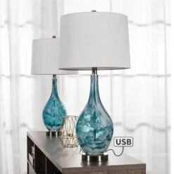 Denver 28 In. Blue Coastal Dimmable Glass Bedroom Living Room Bedside DeskTable Lamps USB Port Set Of 2