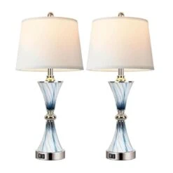 26 In Set Of 2 Blue White Glass Table Lamps For Bedrooms With 2 USB Ports 3-Way Dimmable Touch Coastal Bedside Lamps