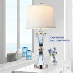 26 In Set Of 2 Blue White Glass Table Lamps For Bedrooms With 2 USB Ports 3-Way Dimmable Touch Coastal Bedside Lamps -Lamp Parts blue white rottogoon table lamps hmlp227al2 c3 1000