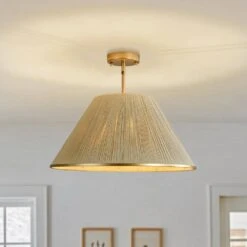 Haven 1 Light Brass Boho Rattan Pendant Light With Drum Shape Coastal Style For Dining Rooms And Kitchen Islands