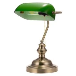 1-Light Traditional Bankers Desk Lamps With Classic Green Shade And Polished Brass Finish With Pull Chain Switch