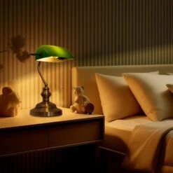 1-Light Traditional Bankers Desk Lamps With Classic Green Shade And Polished Brass Finish With Pull Chain Switch -Lamp Parts brass and green yansun table lamps h dl026gn1 fa 1000