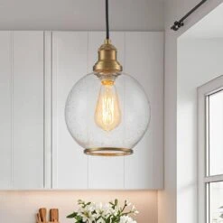 Sol 7.9 In. W 1-Light Seeded Glass Globe Mini Pendant Light With Brass Trim Industrial Modern Glass Hang Light