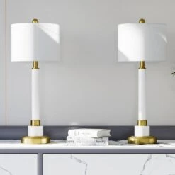 26.5 In. Brass Modern Metal Bedroom Living Room Bedside Desk Nightstand Tall Table Lamps USB Port (Set Of 2) -Lamp Parts brass maxax table lamps t179 wh 40 1000
