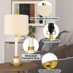 26.5 In. Brass Modern Metal Bedroom Living Room Bedside Desk Nightstand Tall Table Lamps USB Port (Set Of 2) -Lamp Parts brass maxax table lamps t179 wh 4f 1000