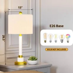 26.5 In. Brass Modern Metal Bedroom Living Room Bedside Desk Nightstand Tall Table Lamps USB Port (Set Of 2) -Lamp Parts brass maxax table lamps t179 wh c3 1000