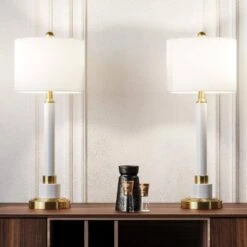 26.5 In. Brass Modern Metal Bedroom Living Room Bedside Desk Nightstand Tall Table Lamps USB Port (Set Of 2) -Lamp Parts brass maxax table lamps t179 wh e1 1000