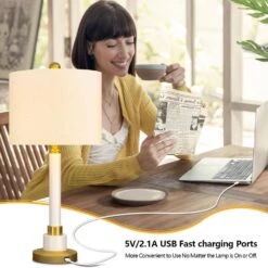 26.5 In. Brass Modern Metal Bedroom Living Room Bedside Desk Nightstand Tall Table Lamps USB Port (Set Of 2) -Lamp Parts brass maxax table lamps t179 wh fa 1000