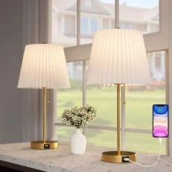20.75 In. Brass Modern Metal Bedroom Living Room Bedside Desk Nightstand Table Lamps USB Port (Set Of 2) -Lamp Parts brass maxax table lamps t230 gd e1 1000