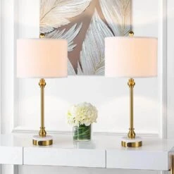 28.3 In. Brass Modern Marble Bedroom Living Room Bedside Desk Nightstand Table Lamps USB Port (Set Of 2) -Lamp Parts brass maxax table lamps t264 gd c3 1000