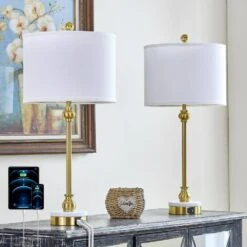 28.3 In. Brass Modern Marble Bedroom Living Room Bedside Desk Nightstand Table Lamps USB Port (Set Of 2) -Lamp Parts brass maxax table lamps t264 gd e1 1000