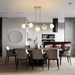 5-Light Brass Modern Chandelier, Sputnik Pedant Light Fixture With Large Opal White Glass Globe Shade -Lamp Parts brass pendant lights wbpl lq09 wh 4f 1000